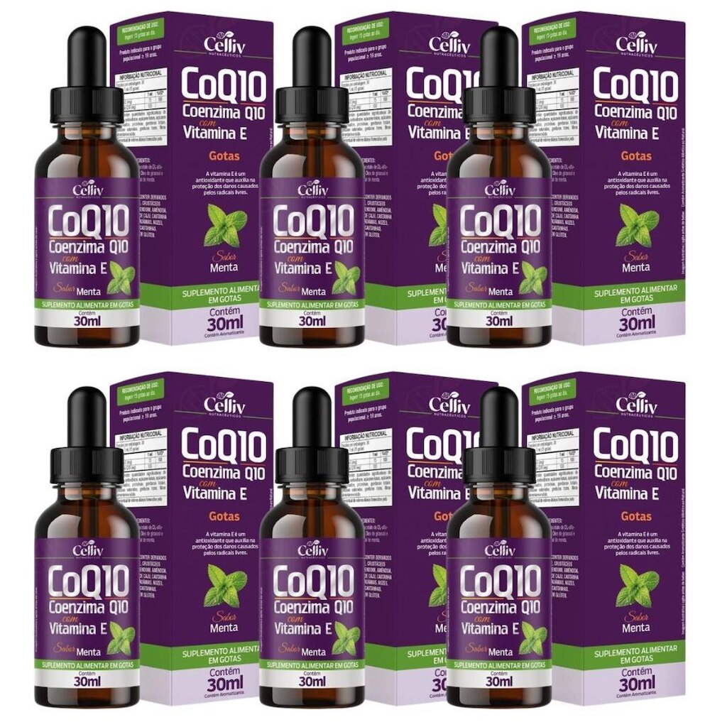 Kit 6x Coenzima Q10 100mg 30ml Sabor Menta Celliv