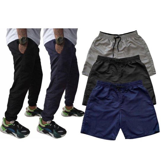 Kit Academia 5 Peças 2 Calças 3 Shorts de Tactel Esporte