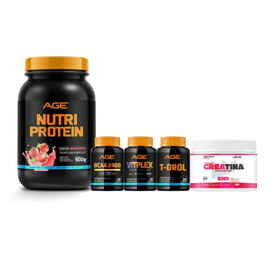 Kit Age Whey Nutri 900g + Creatina 100g +BCAA 2400 C/ 60 Cáps + Multivitamínico C/ 30 Cáps + ZMA Menor preço em Kit Age Whey Nutri 900g + Creatina 100g +BCAA 2400 C/ 60 Cáps + Multivitamínico C/ 30 Cáps + ZMA