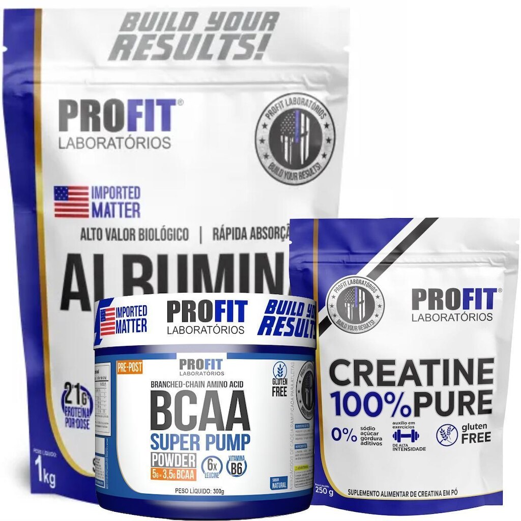 KIT ALBUMINA 1KG + CREATINA PURA MONOHIDRATADA 250G + BCAA 300G SUPER PUMP - PROFIT