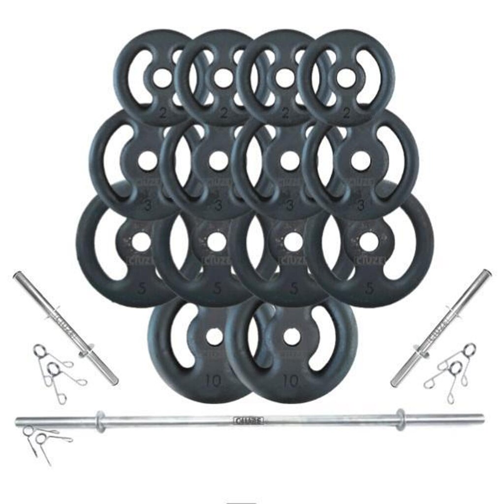 KIT ANILHAS 60 KG + 2 BARRAS OCAS 40CM + BARRA MACIÇA 1,80CM