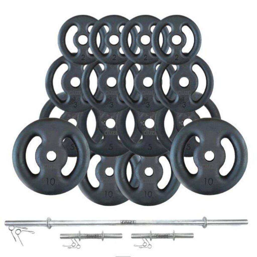 KIT ANILHAS 80 KG + 2 BARRAS OCAS 40CM + BARRA MACIÇA 1,50CM