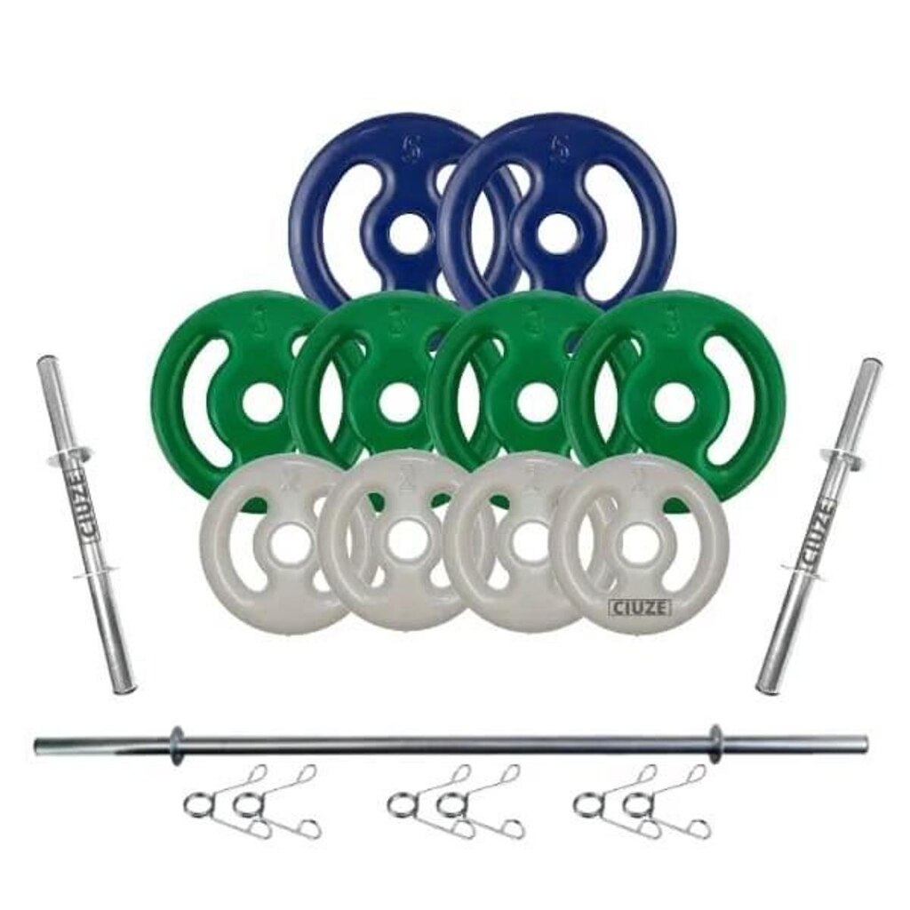 Kit Anilhas Emborrachada 30kg + 2 Barras 40cm + 1 Barra 1,50m