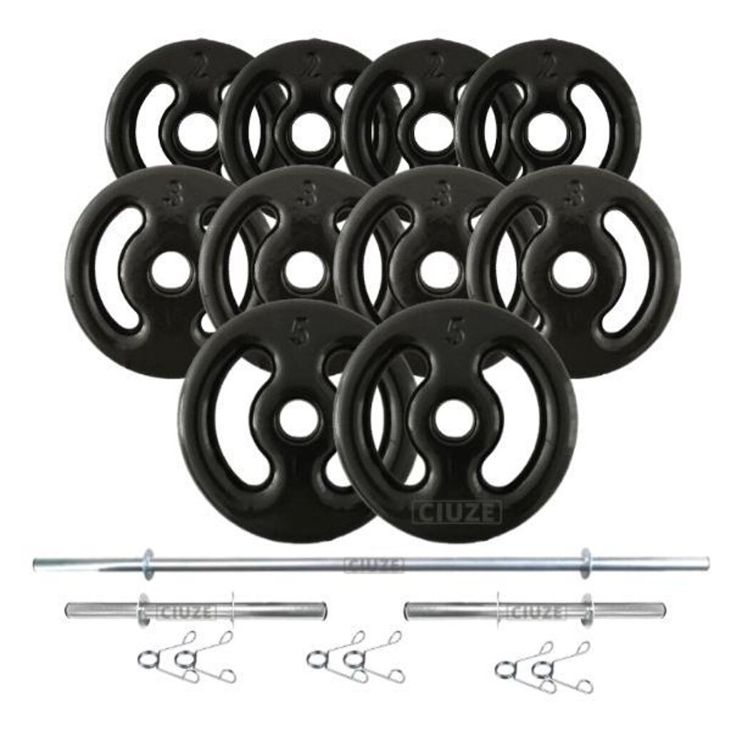 Kit Anilhas Emborrachada PRETA 30kg + 2 Barras 40cm + 1 Barra 1,50m