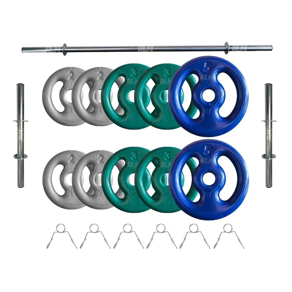 Kit Anilhas Emborrachadas 30 Kg + Barras com Presilhas