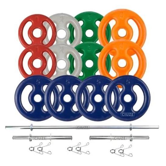 Kit Anilhas Emborrachadas 40 Kg + Barras 2x 40cm + 1x 1.50m - Azul Menor preço em Kit Anilhas Emborrachadas 40 Kg + Barras 2x 40cm + 1x 1.50m - Azul