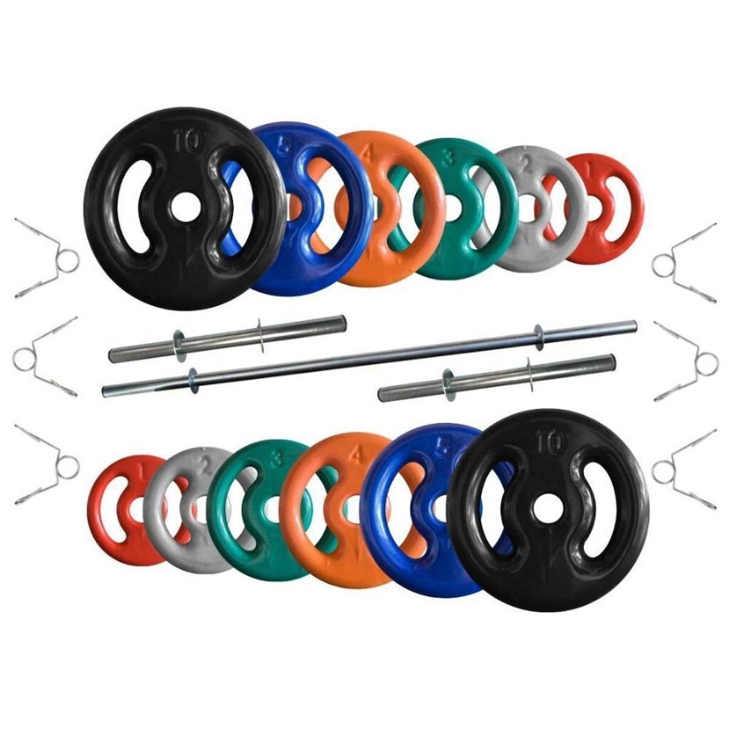 Kit Anilhas Emborrachadas 50 Kg + Barras com Presilhas