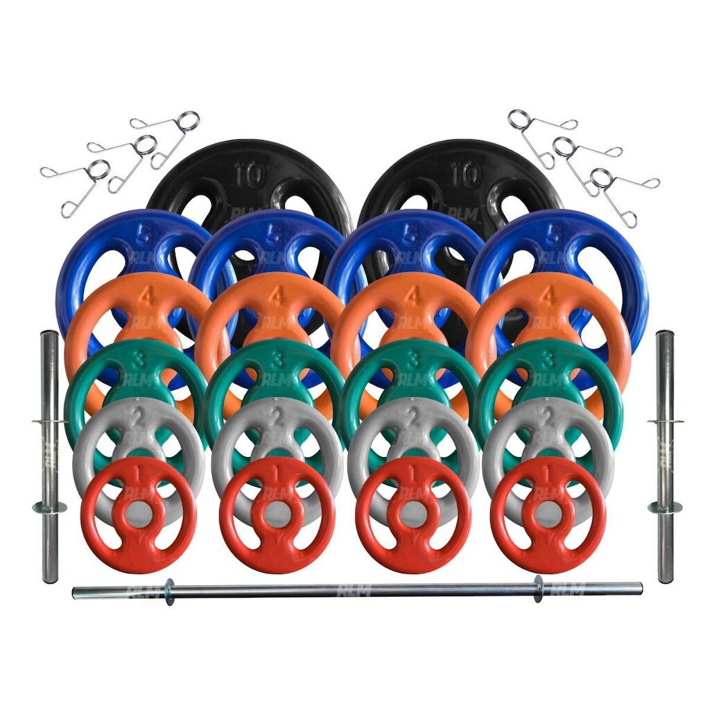 Kit Anilhas Emborrachadas 80 Kg + Barras com Presilhas