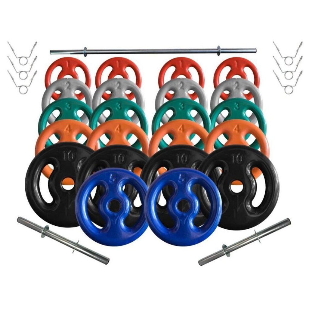 Kit Anilhas Emborrachadas 90 Kg + Barras com Presilhas