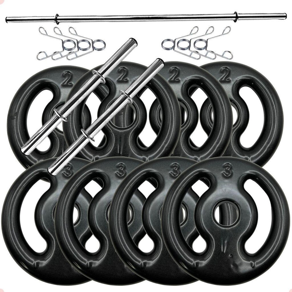 Kit Anilhas Emborrachadas Preta 20 Kg + Barras com Presilhas