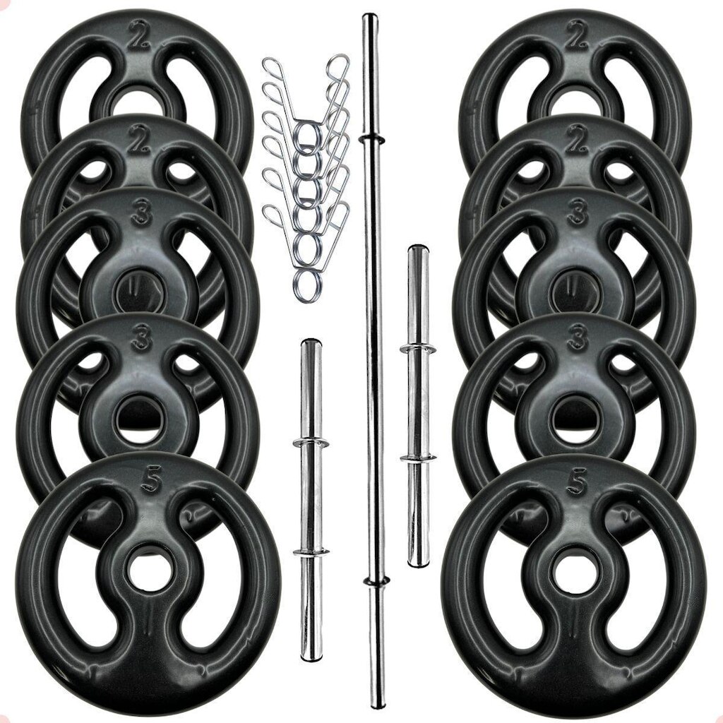Kit Anilhas Emborrachadas Preta 30 Kg + Barras com Presilhas