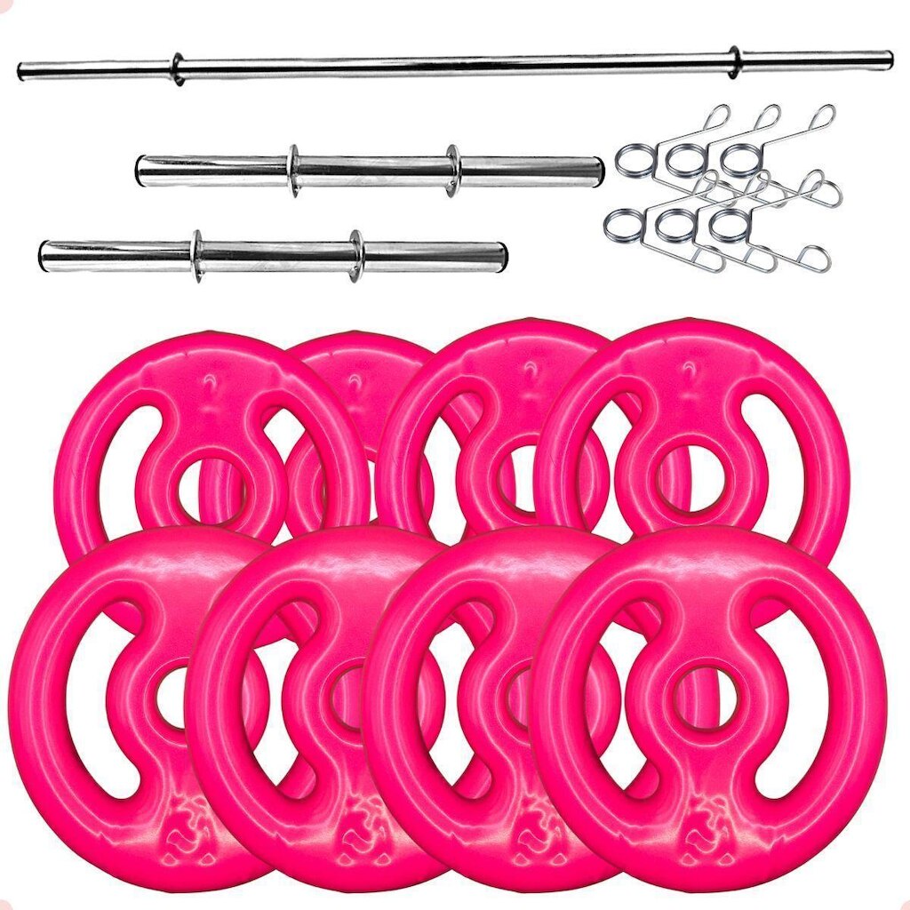 Kit Anilhas Emborrachadas Rosa 20 Kg + Barras com Presilhas