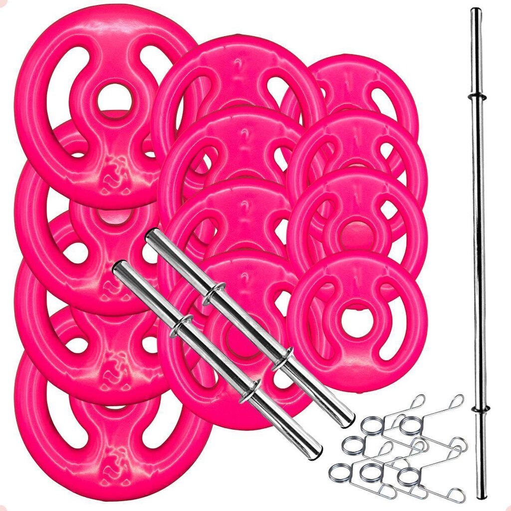 Kit Anilhas Emborrachadas Rosa 24 Kg + Barras com Presilhas