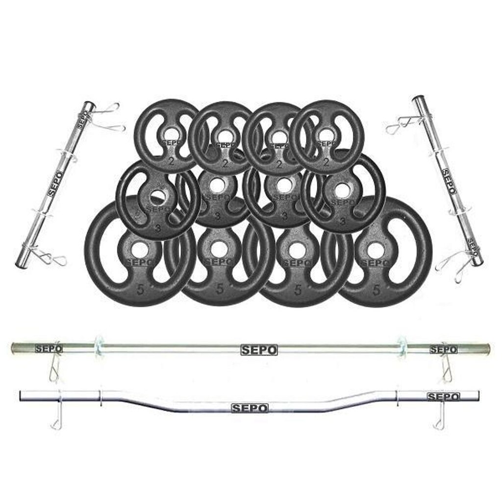 Kit Anilhas Ferro 40kg + 2 Barras 40cm + 1 Barra 150cm + 1 W