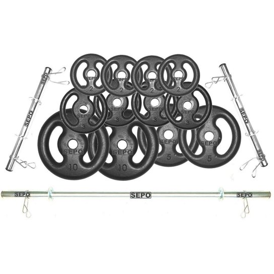Kit Anilhas Ferro 50kg + 2 Barras 40cm + 1 Barra 120cm - Preto Menor preço em Kit Anilhas Ferro 50kg + 2 Barras 40cm + 1 Barra 120cm - Preto