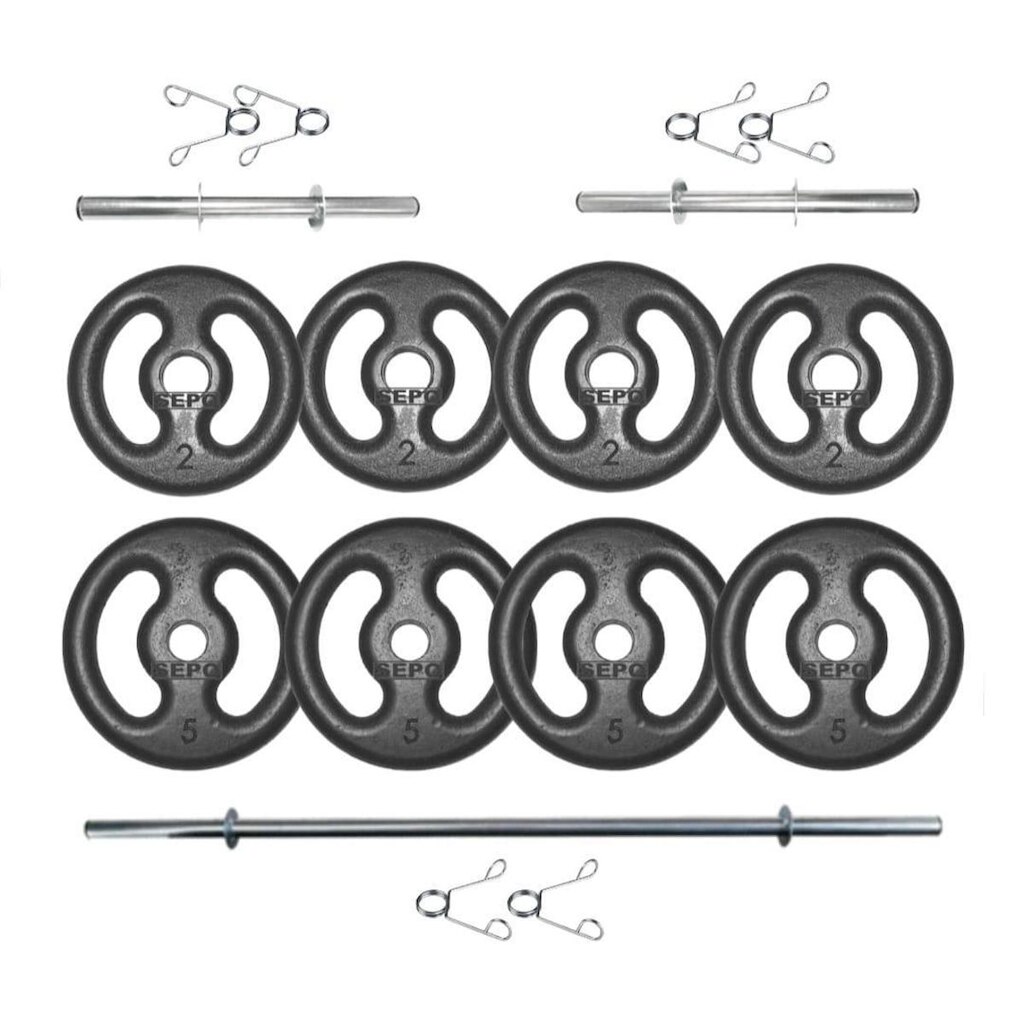 Kit Anilhas Ferro Fundido 28 Kg + Barras com Presilhas
