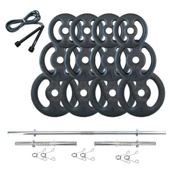 Kit Anilhas Ferro Fundido 40 Kg + Barras Com Presilha+ Corda Cinza - Preto Menor preço em Kit Anilhas Ferro Fundido 40 Kg + Barras Com Presilha+ Corda Cinza - Preto