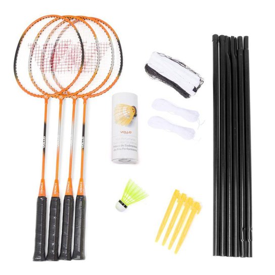 Kit Badminton Vollo - 4 Raquetes + 3 Petecas + Rede + Suporte - Laranja+Preto Menor preço em Kit Badminton Vollo - 4 Raquetes + 3 Petecas + Rede + Suporte - Laranja+Preto