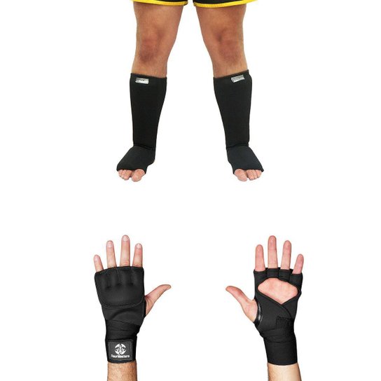 Kit Bandagem Rápida + Caneleira Combate Muay Thai MMA Boxe - Preto Menor preço em Kit Bandagem Rápida + Caneleira Combate Muay Thai MMA Boxe - Preto