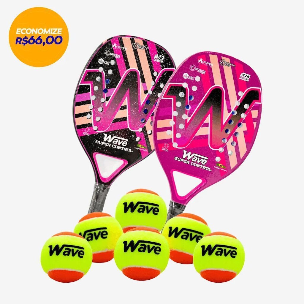 Kit Beach Tennis Avançado 3K e 12K com 2 Raquetes e 6 Bolas Wave Sport