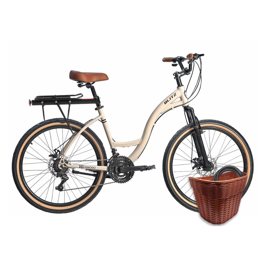 Kit Bicicleta Blitz Comodo 26 Urbana 21v + Bagageiro, Cestinha e Cadeado