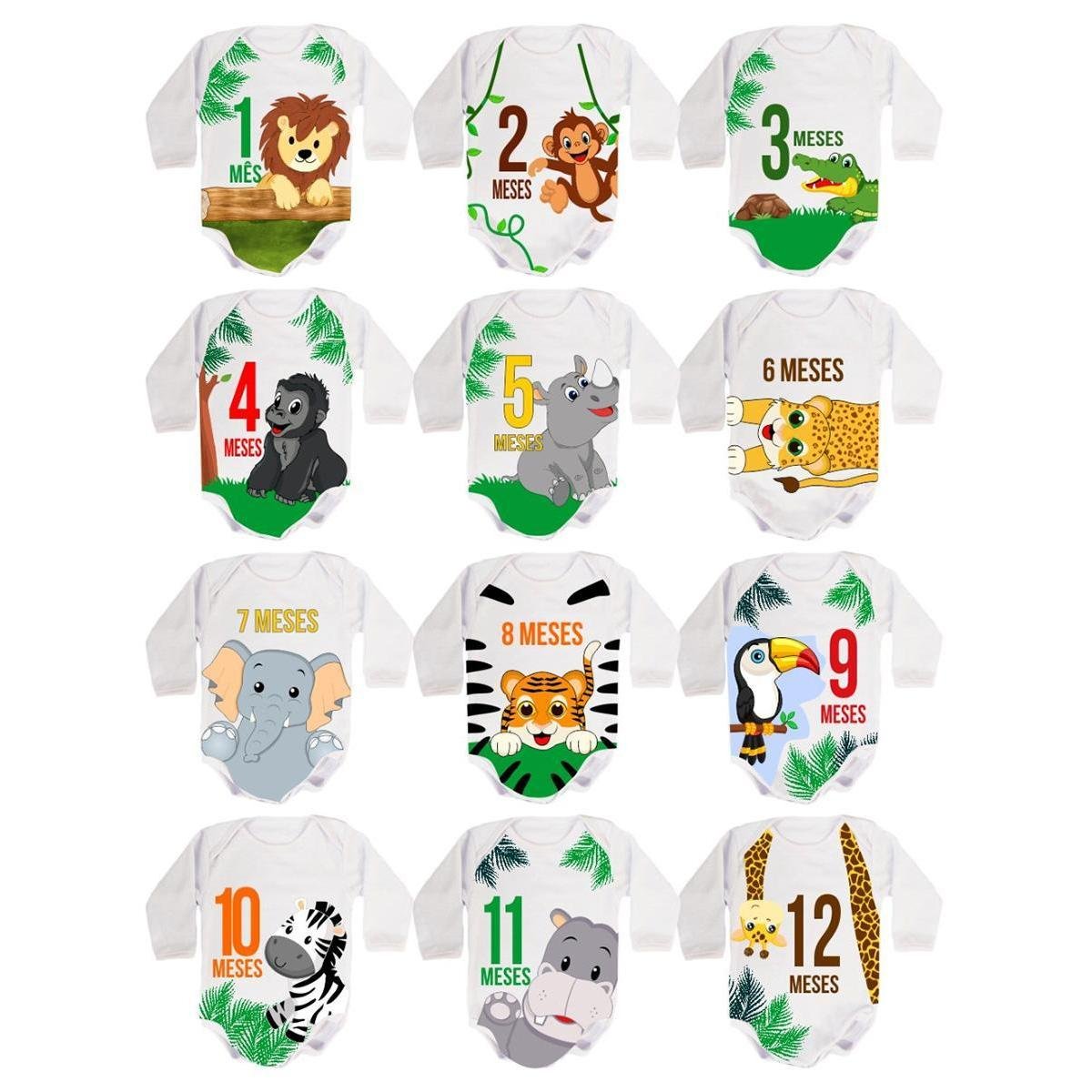 Kit Body Bebê Mês Aniversário Manga Longa Safari Selva 12 Bodies 1 a 12