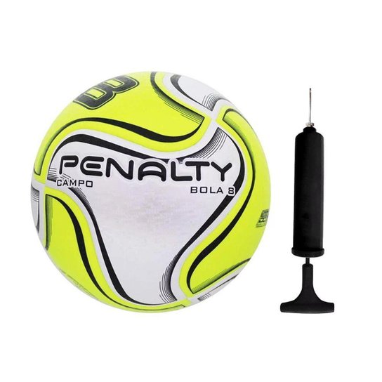 Kit Bola Campo Penalty 8 X + Bomba de Ar - Branco+Amarelo Menor preço em Kit Bola Campo Penalty 8 X + Bomba de Ar - Branco+Amarelo