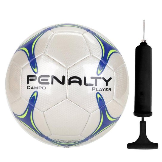 Kit Bola Campo Penalty Player XXI + Bomba de Ar - Branco+Azul Menor preço em Kit Bola Campo Penalty Player XXI + Bomba de Ar - Branco+Azul