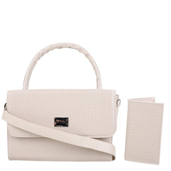 Kit Bolsa Pien Mini Bag Croco Pequena + Carteira Feminina - Off White Menor preço em Kit Bolsa Pien Mini Bag Croco Pequena + Carteira Feminina - Off White