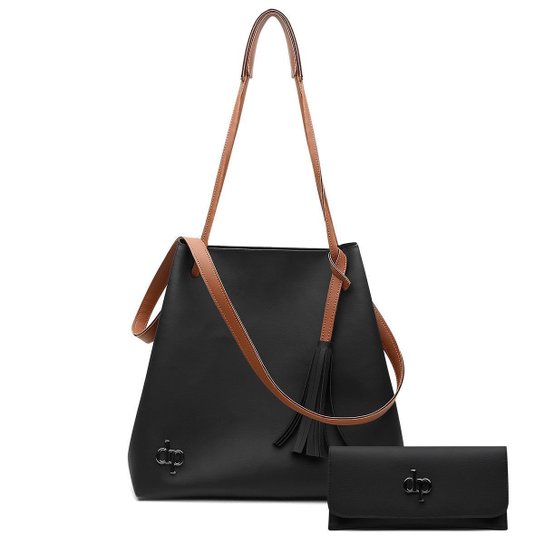 Kit Bolsa Sacola Feminina Grande Preta Ombro Alça Transversal Reforçada Couro + Carteira Feminina - Preto Menor preço em Kit Bolsa Sacola Feminina Grande Preta Ombro Alça Transversal Reforçada Couro + Carteira Feminina - Preto