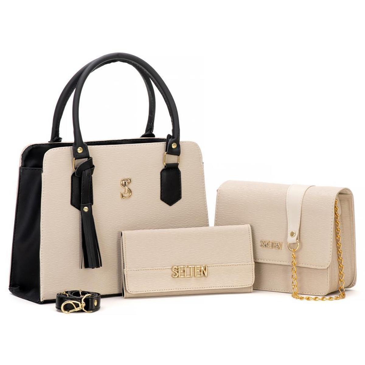 Kit Bolsa Tote + Bolsa Baú + Carteira Feminina Casual - Creme+Preto |  Netshoes