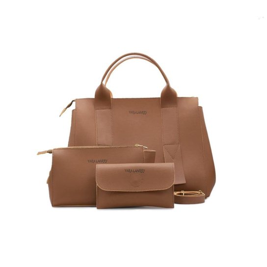 Kit Bolsa Tote Couro Feminina +Necessaire + Carteira +Casual - Caramelo Menor preço em Kit Bolsa Tote Couro Feminina +Necessaire + Carteira +Casual - Caramelo