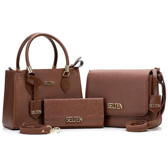 Kit Bolsas Femininas Transversais + Carteira Selten Casual - Marrom Menor preço em Kit Bolsas Femininas Transversais + Carteira Selten Casual - Marrom
