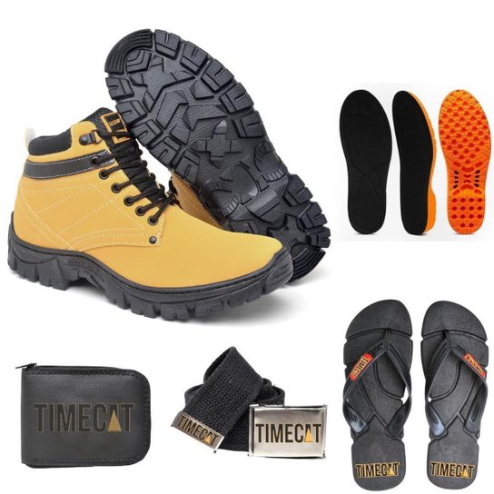 Kit Bota Adventure Masculino + Cinto Carteira Chinelo Palmilha Gel P.U - Amarelo Menor preço em Kit Bota Adventure Masculino + Cinto Carteira Chinelo Palmilha Gel P.U - Amarelo