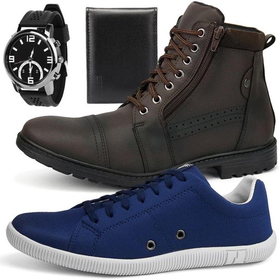 Kit Bota Casual e Sapatênis SapatoFran + Relógio e Carteira Masculino - Marrom e Azul é ruim? Kit Bota Casual e Sapatênis SapatoFran + Relógio e Carteira Masculino - Marrom e Azul é boa?