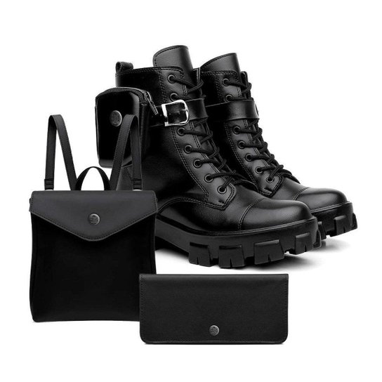 Kit Bota Coturno Rock Girl Preta Com Bag Removível + Bolsa e Carteira - Preto Menor preço em Kit Bota Coturno Rock Girl Preta Com Bag Removível + Bolsa e Carteira - Preto