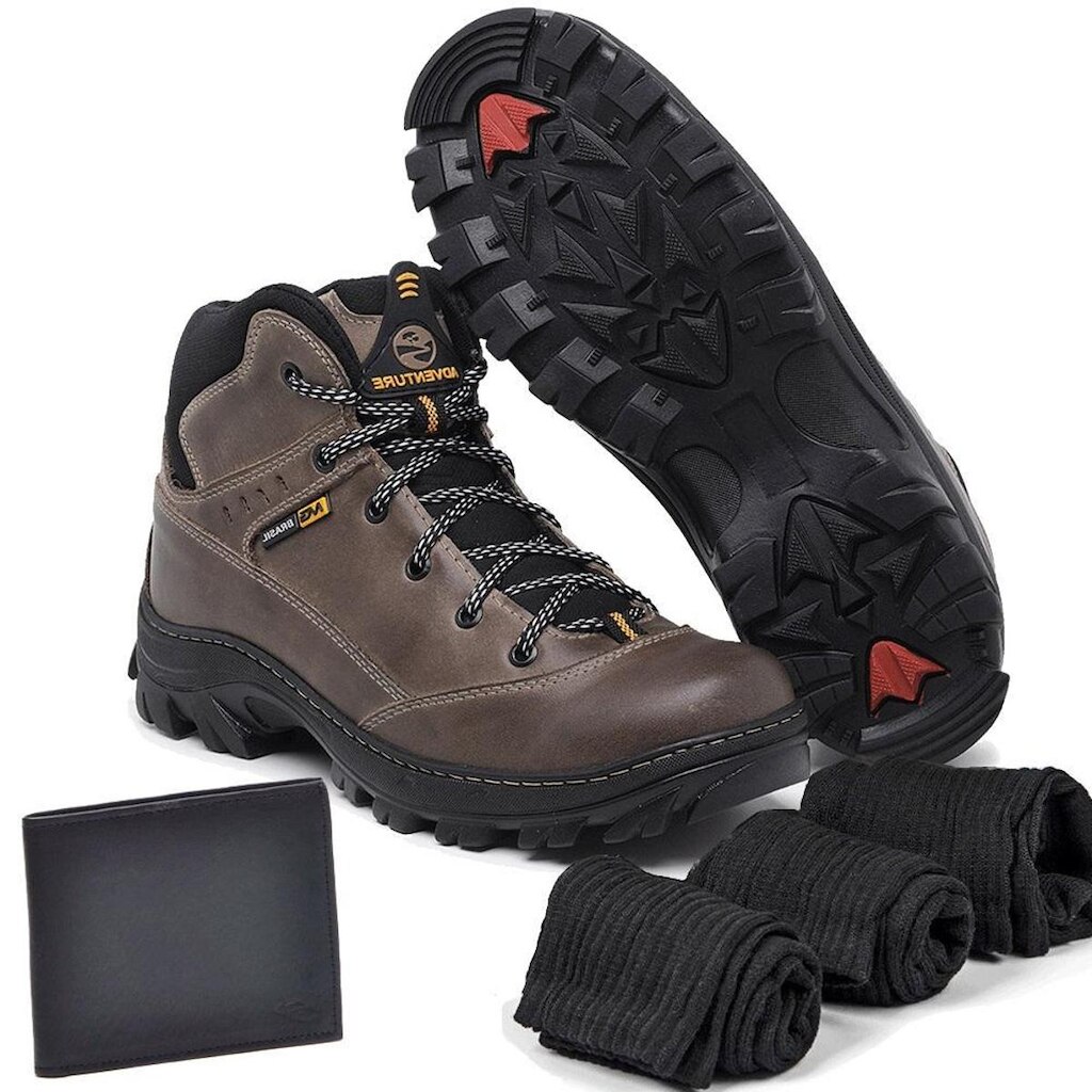Kit Bota Couro Adventure Trace com Carteira e 3 meias Masculina