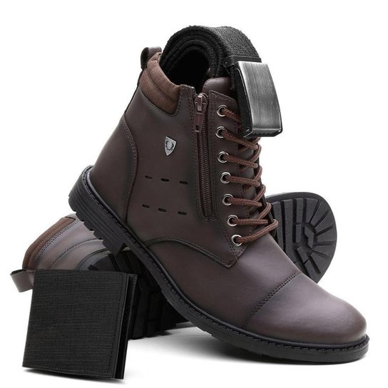 Kit Bota Lorenzzo Lopez Coturno Cano Médio Masculino + Cinto + Carteira - Café Menor preço em Kit Bota Lorenzzo Lopez Coturno Cano Médio Masculino + Cinto + Carteira - Café