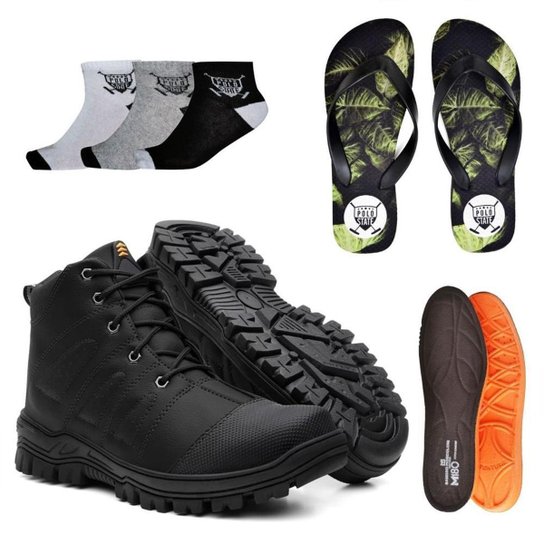 Kit Bota Masculina Biqueira Impermeável Preta e Palmilha Ortopédica Grossa e 3 Meias e Chinelo - Preto é ruim? Kit Bota Masculina Biqueira Impermeável Preta e Palmilha Ortopédica Grossa e 3 Meias e Chinelo - Preto é boa?