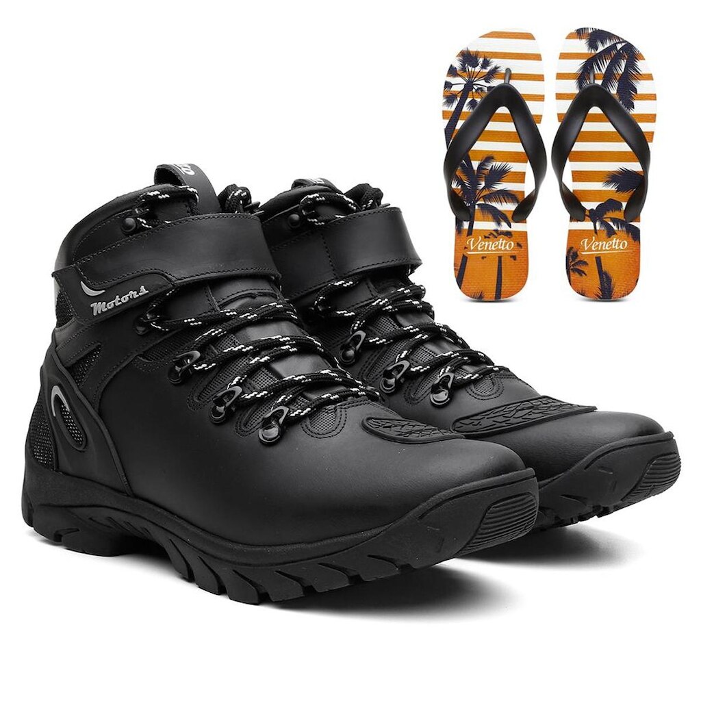 Kit Bota Masculina Couro Motoqueiro Chinelo Venetto