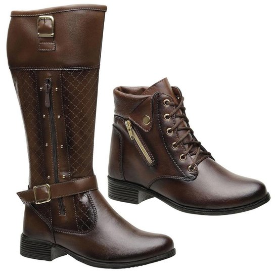Kit Bota Montaria Feminina Zíper + Coturno Cano Médio - Marrom Menor preço em Kit Bota Montaria Feminina Zíper + Coturno Cano Médio - Marrom