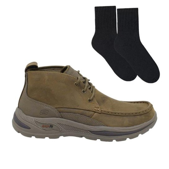 Kit Bota Skechers Arch Fit Motley Masculina + Par - Marrom Menor preço em Kit Bota Skechers Arch Fit Motley Masculina + Par - Marrom