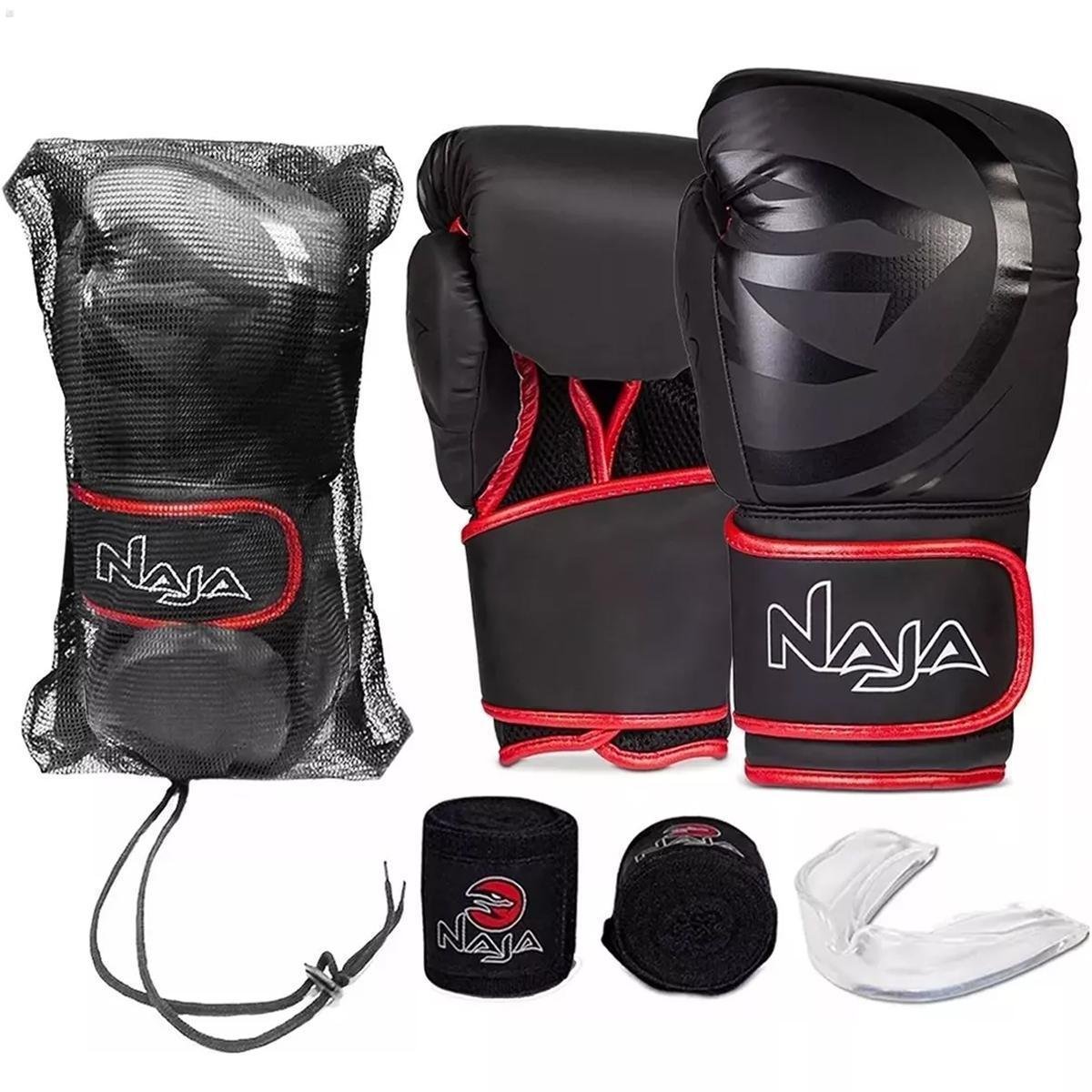 Kit Boxe Black Line Muay Thai Luva + Bandagem + Bucal - Naja Menor preço em Kit Boxe Black Line Muay Thai Luva + Bandagem + Bucal - Naja