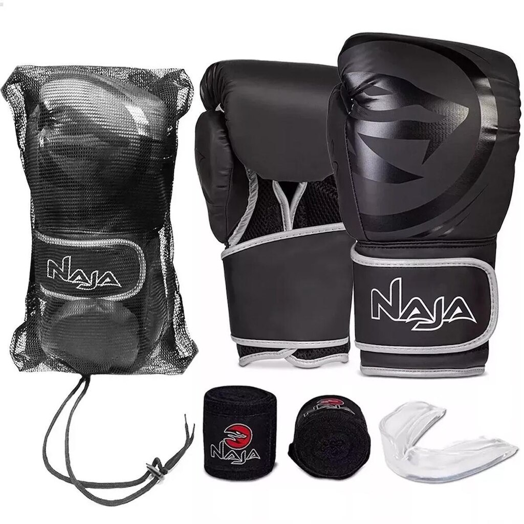 Kit Boxe Black Line Muay Thai Luva + Bandagem + Bucal - Naja