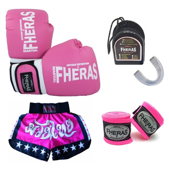 Kit Boxe Muay Thai Fheras Luva + Bandagem + Bucal + Shorts - Rosa