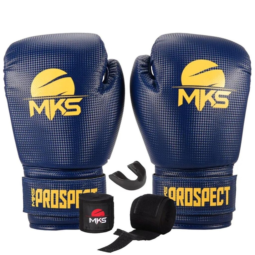 Kit Boxe Muay Thai Kickboxing Luva Prospect Azul e Amarelo com Bandagem 2,55m e Protetor Bucal MKS