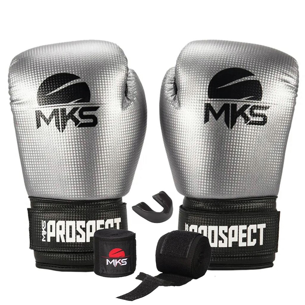 Kit Boxe Muay Thai Kickboxing Luva Prospect Prata com Bandagem 2,55m e Protetor Bucal MKS