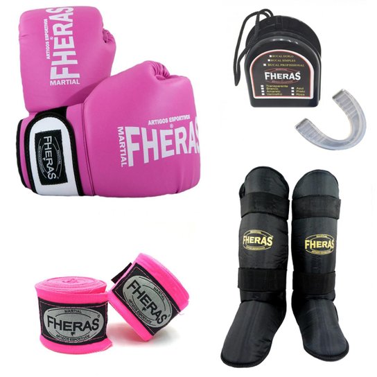 Kit Boxe Muay Thai Oríon Luva Bandagem Bucal Caneleira 08 OZ - Rosa