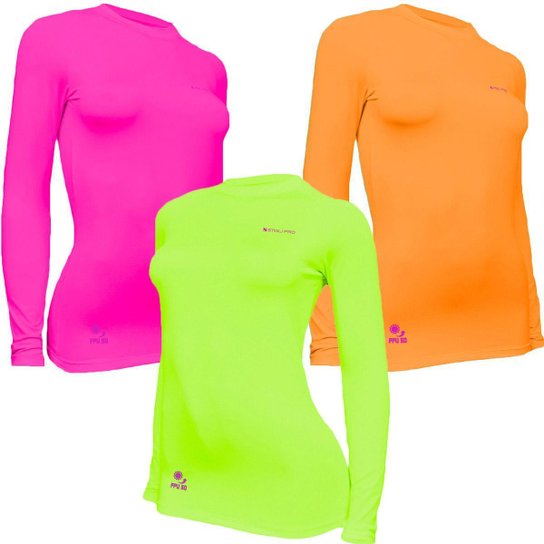 Kit C/ 3 Camisas Feminino Stigli Pro Proteção Solar FPU 50 Manga Longa Luna Poliamida E - Amarelo Fluorescente