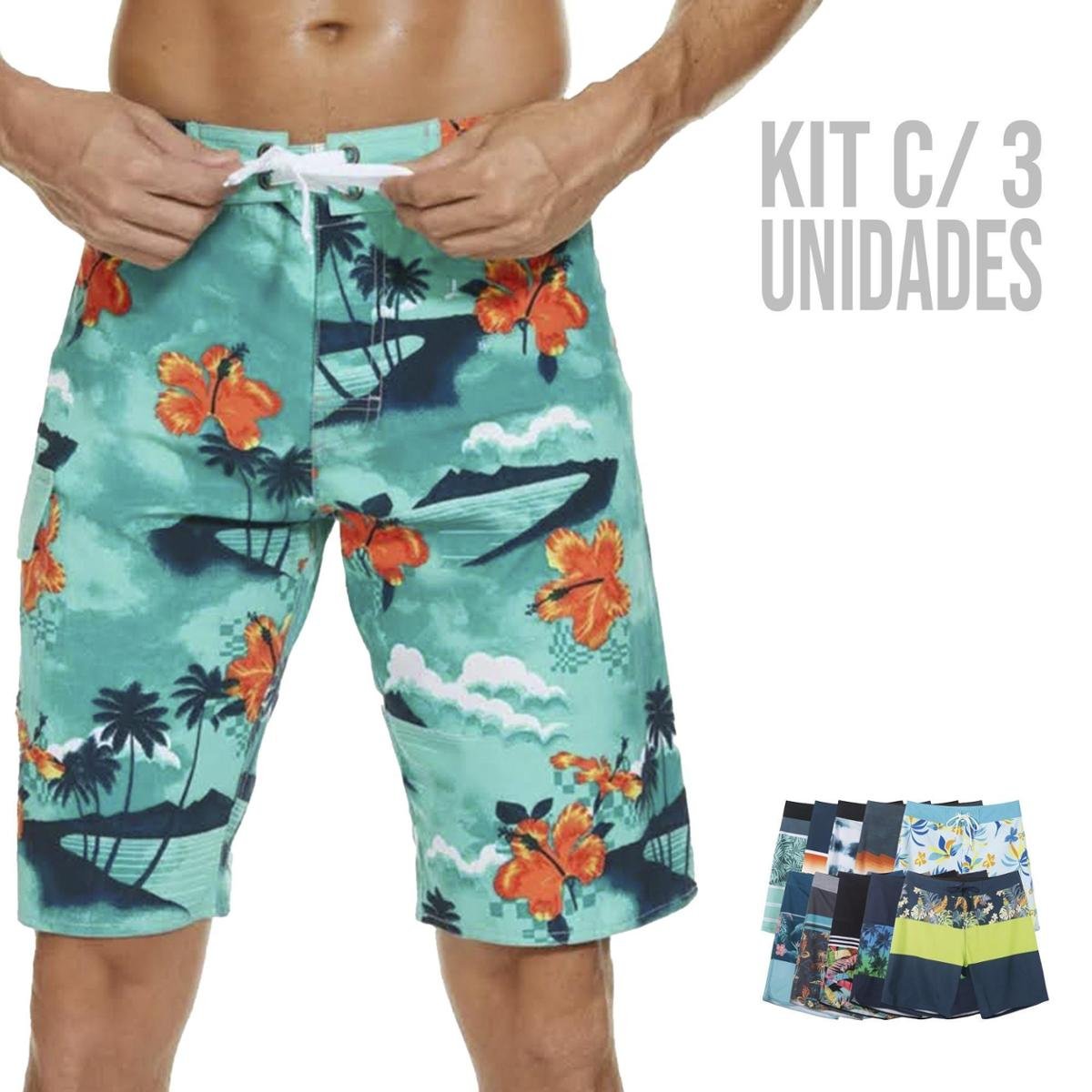 Kit c/ 3 Shorts SURF Mauricinho Bermuda Praia Academia Tactel Estampado Verão 859 Menor preço em Kit c/ 3 Shorts SURF Mauricinho Bermuda Praia Academia Tactel Estampado Verão 859